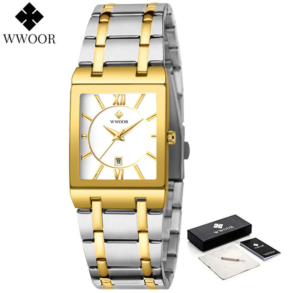 

WWOOR Top Brand Luxury Gold White Watches Men Fashion Square Quartz Waterproof Wristwatch For Men Casual Clock Male Reloj Hombre