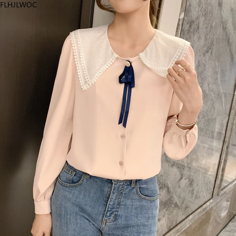 

2020 Fall Autumn Design Tops Office Lady Elegant Bow Tie Peter Pan Collar Long Sleeve Single Breasted Button Women Solid Shirts