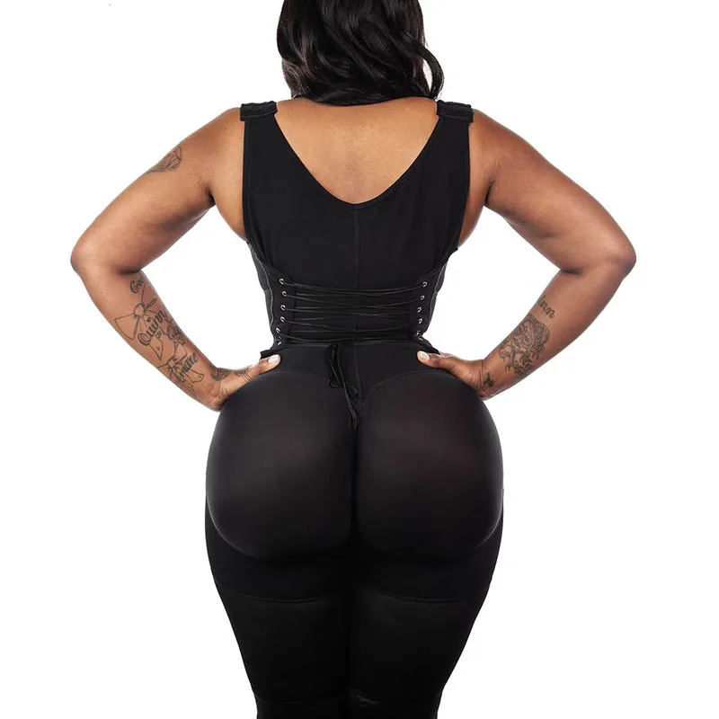 

High Compression Tight Shaping Bodysuit Mid-Leg Shapewear Lace-Up Waistband Braless Mid-Back Fajas For Women