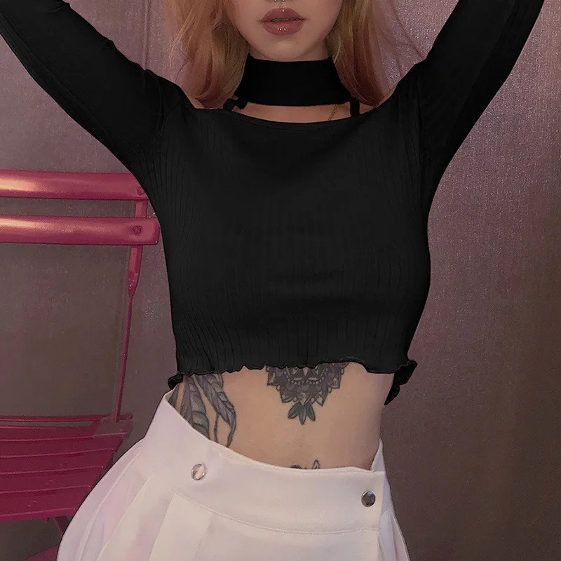 

Women's Crop Top Cold ShoulderT-shirt Sexy Cut Out Mock Neck casual outfits Solid Color tshirt fashion Rib Knit club Tee Shirt