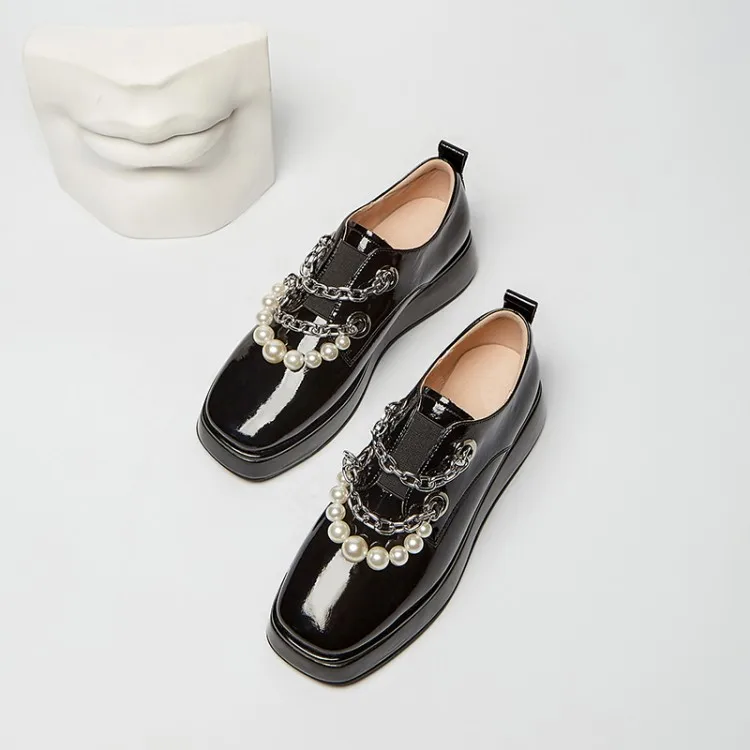 

MLJUESE 2021 Women Pumps Soft Cow leather Autumn Spring Pearls Black Color Chains Square toe Platform high heels pumps