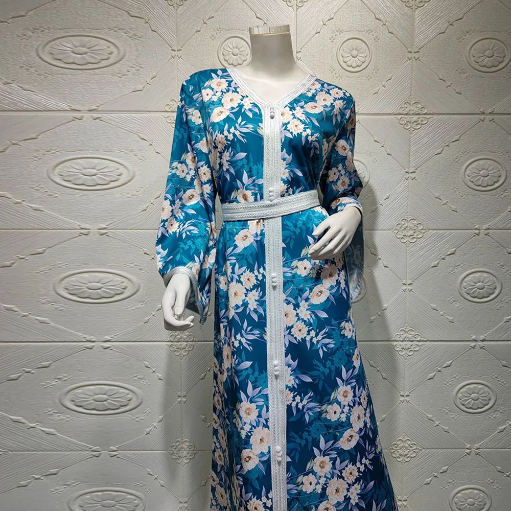 

Muslim Dress Dubai Bayas For Women Fashion Ribbon Trim V Neck Robe Jalabiya Kaftan Turkey Caftan Marocain Indian Islam Vestidos