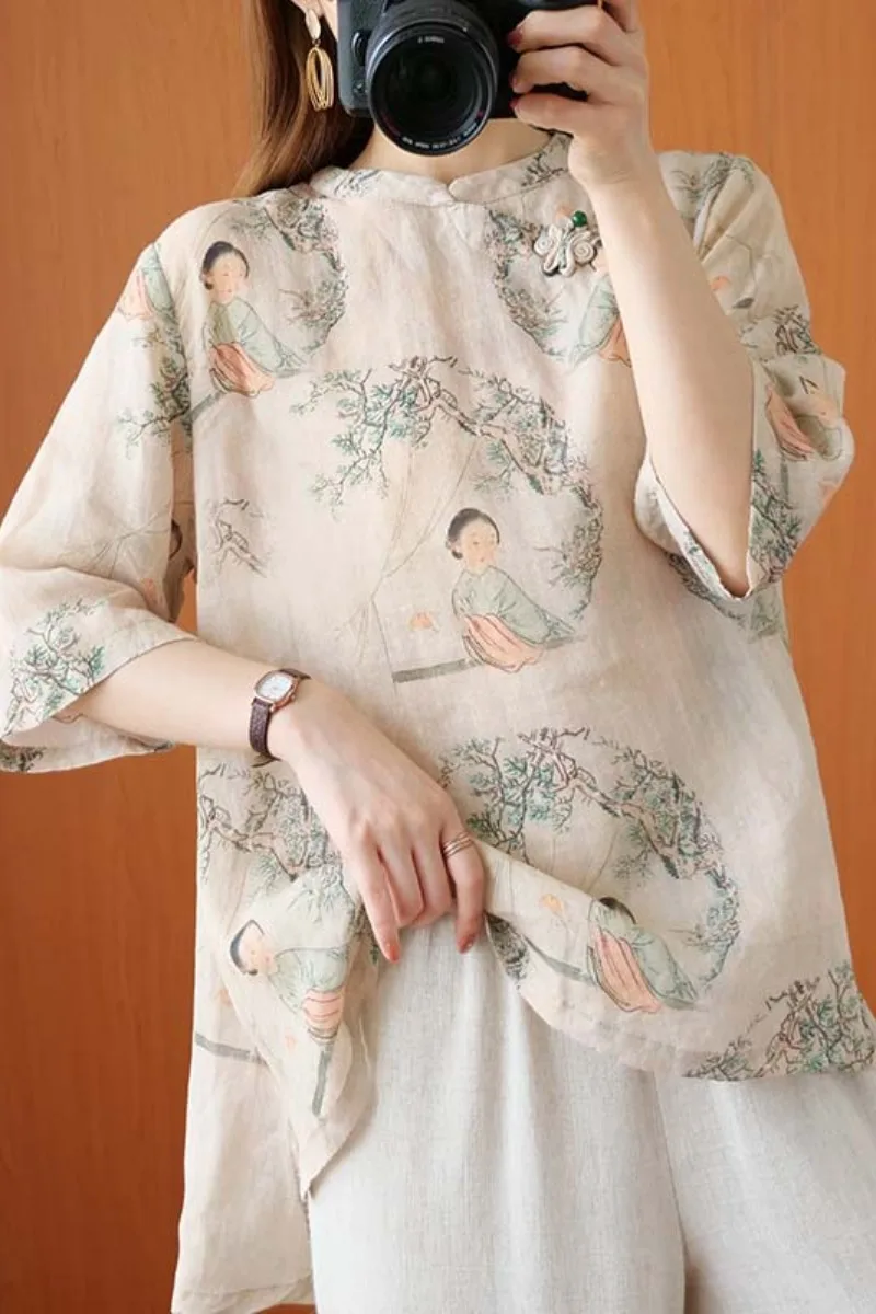 

LZMONE Cotton And Hemp Shirt Women's Summer Short Sleeve 2021 New Loose Large Age Reducing Temperament Retro Button Top