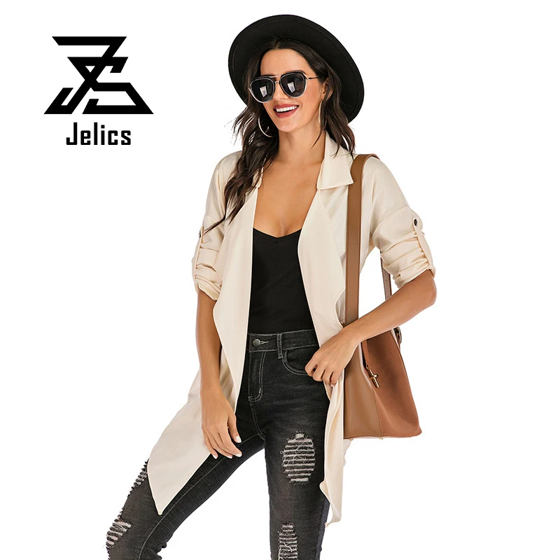 

Jelics, однотонная, модная, женская, с отложным воротником, Тренч, воротник, тонкие карманы, повседневное пальто, верхняя одежда, одежда для женщ...