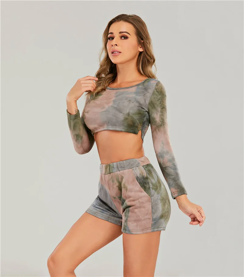 

Женские спортивные костюмы, повседневные комплекты из двух предметов, индивидуальная спортивная одежда, Топ с длинным рукавом и шорты с выс...