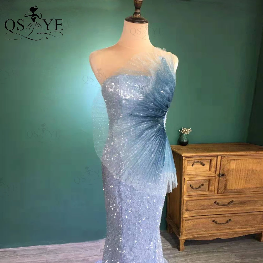QSYYE High Quality Blue Sequin Mermaid Prom Dress Long Shiny Evening Dress Glitter Crumpled Fans Party Dress Open Back
