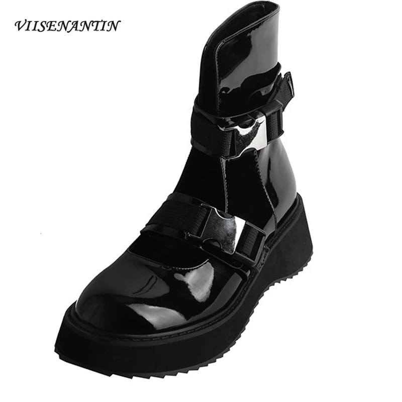 

Round Toe Thick-soled Belt Buckle Hollow Short Boots Dark Casual Retro Design Sense Motorcycle Boots Trifle with Martin Boots