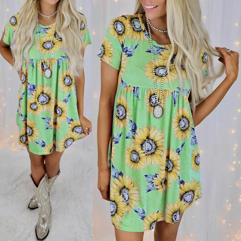 

WEPBEL Women Elegant Summer Sunflower Print Loose Pleated Dress Ladies Casual Fashion Short Sleeve O Neck Mini Dress