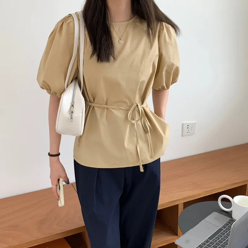 

HziriP Summer New O Neck Elegant Puff Sleeve Cotton Ladies Hot Shirt 2021 Solid Color All-Match Gentle Short-Sleeved Blouses