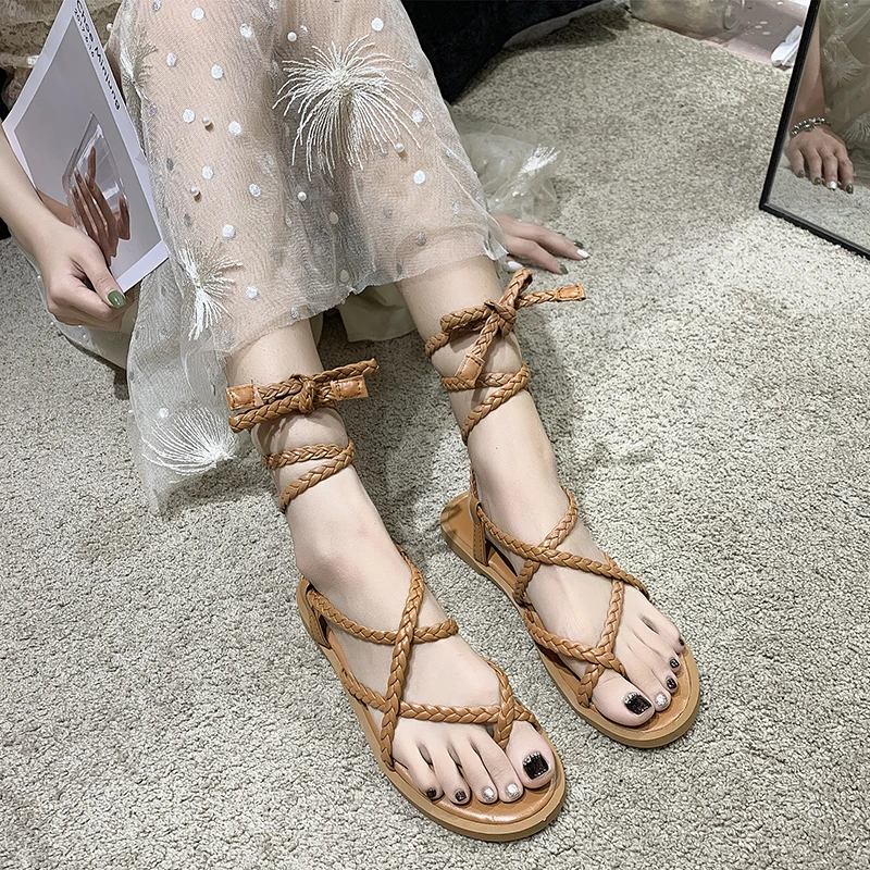 

2021 Fashion Women Sandals Open Toe Cross Tied Flat Heel Sandals Rome Shoes Casual Beach Summer Ladies Shoes Sexy Ankle Strap