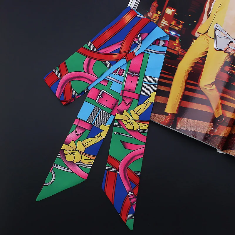 

Luxury Twill Emulation Silk Small Women Fashion Head Bag Scarf Flower Print Hair Handle Tie Multifunction Hand Ribbon Scarf