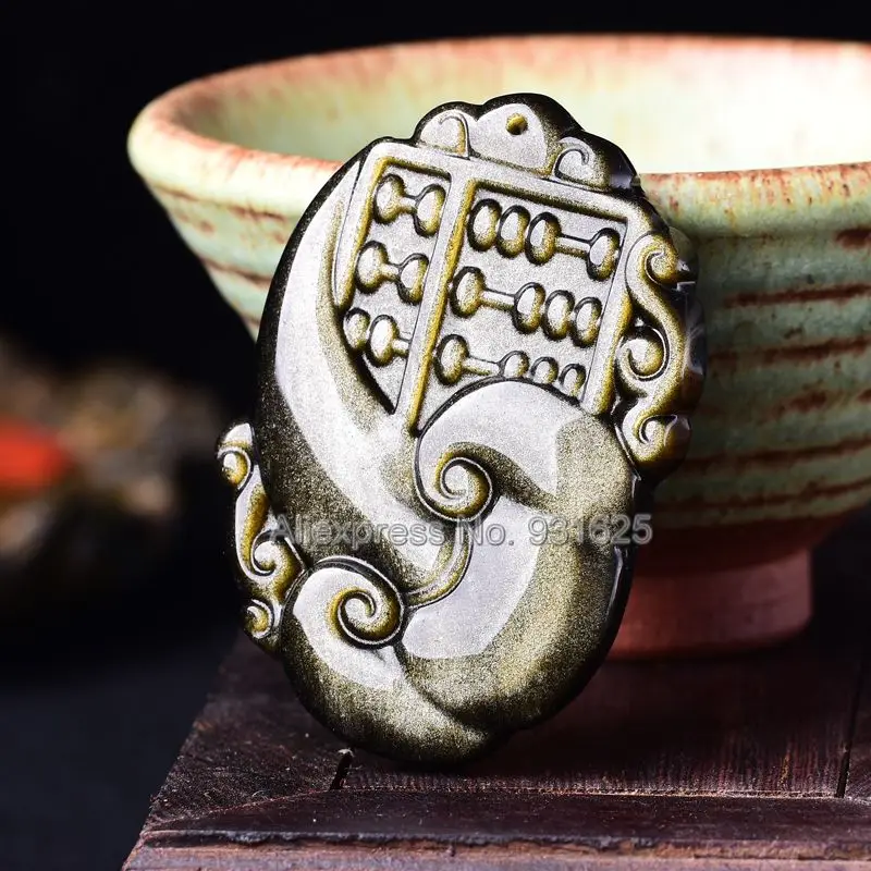 Красивый натуральный золотистый обсидиан ручной резной Lucky Abacus Amulet кулон +