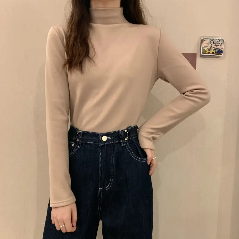 

2022 Spring Winter Fashion Woman Solid Casual Double Sided Plush TShirts Turtleneck Women's Slim Bottom Thermal Velvet PlusSize