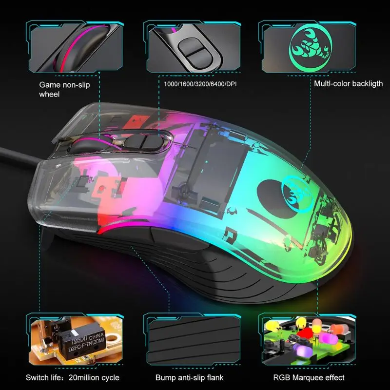 

A867 Gaming Mouse 7 Buttons 6400Dpi Optical USB Wired Desktop Mice RGB Backlit Mice for PC Computer Laptop Gamers