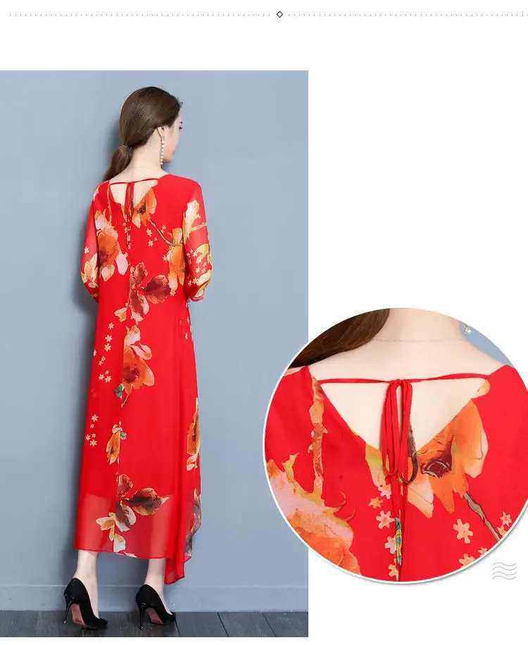 

2019 Summer New Fashion Silk Chiffon Dress Women Loose Fashion Print V-neck Half Sleeve Elegant Irregular Long Dresses