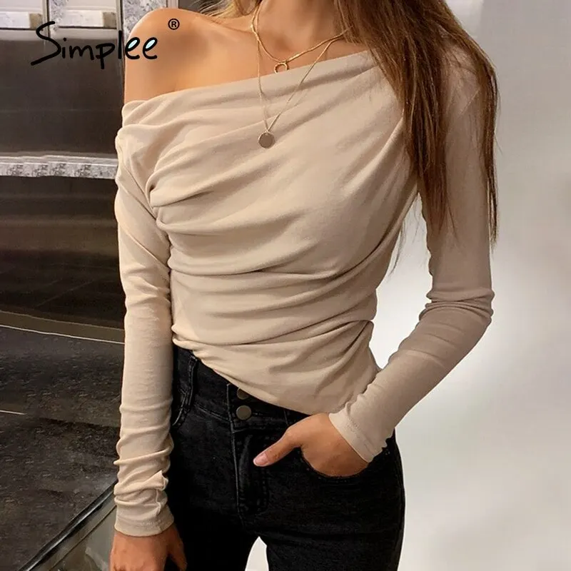 

Simplee Casual one shoulder women top Summer long sleeve t-shirt female tops Sexy asymmetric slim solid ladies tops shirts 2020