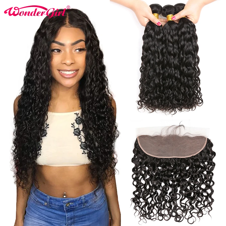 Перуанские волнистые пучки с фронтальной 13x4 кружевной застежкой пучками Remy