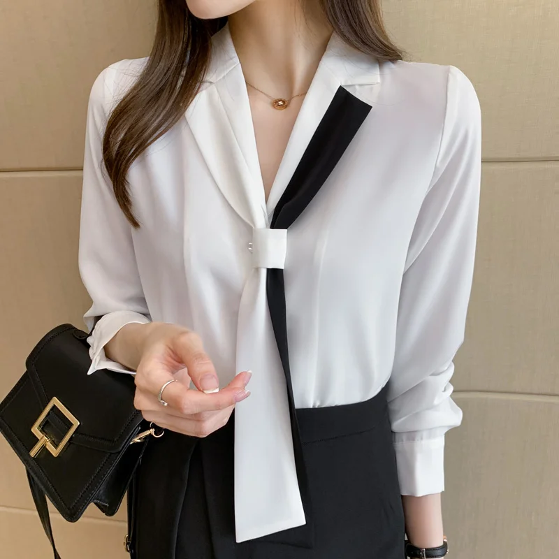 

Autumn Women V-Neck Chiffon White Blouse Shirt Tops Long Sleeve Blouse Women Blusas Mujer De Moda 2021 Blouses Femme Shirts F116