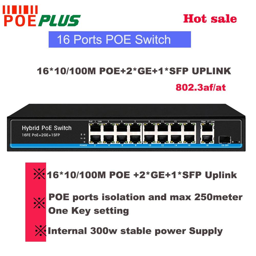 16-портовый неуправляемый POE коммутатор 10/100 м с 2GE + 1 giga SFP порты uplink внутренний блок