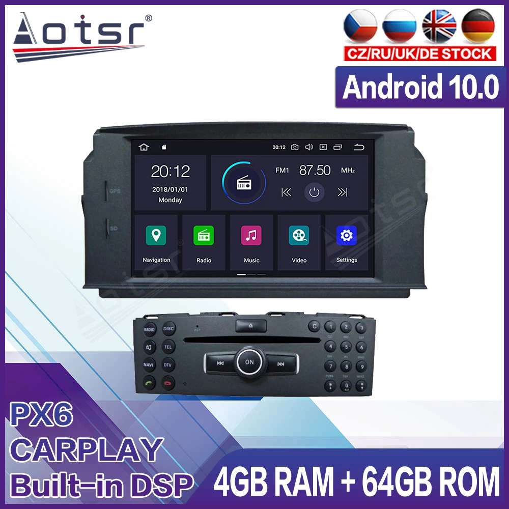 

64 ГБ Android 10 для Mercedes Benz C200 C180 W204 2007 - 2010 автомобильный мультимедийный плеер стерео аудио радио GPS Navi PX6 головное устройство 1Din