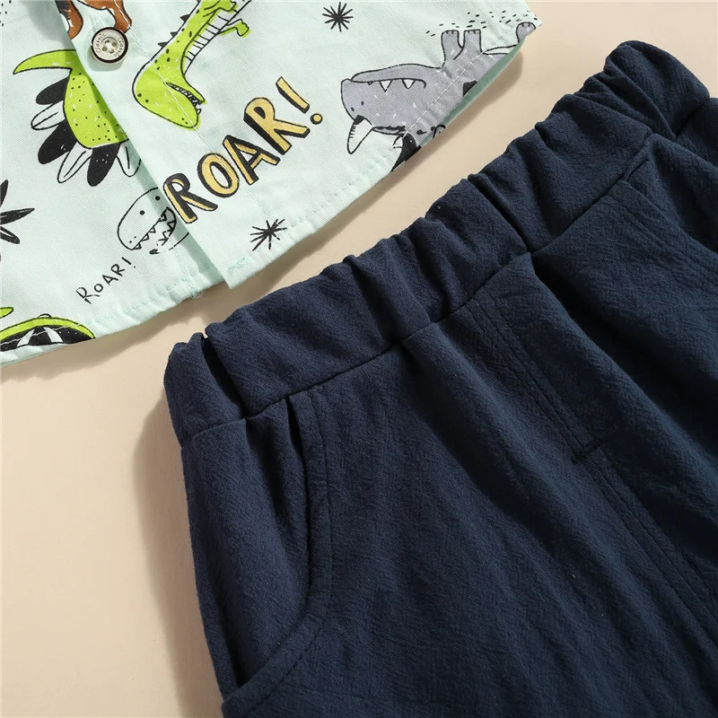 

2Pcs Children Summer Tracksuits, Boys Dinosaur Print Henley Neck Short Sleeves Shirt + Elastic Waist Shorts, 5 Months to 4 Years