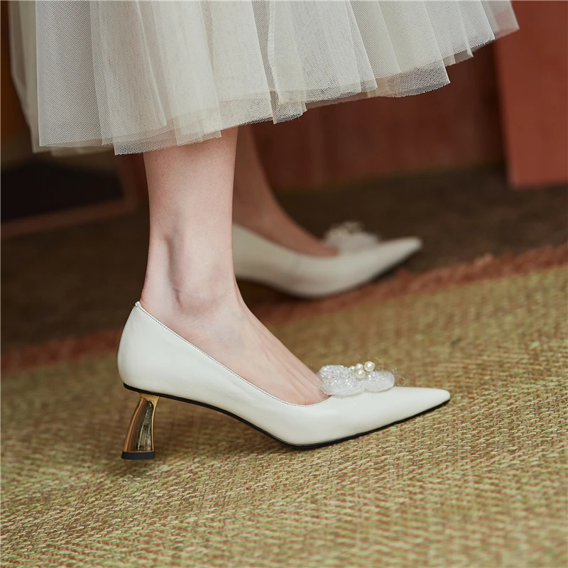 

VERCONAS Party Wedding Elegant Fashion Sexy Women Pumps Flower Shallow Pointed Toe High Heels Shoes Woman Basic Genuine Leather