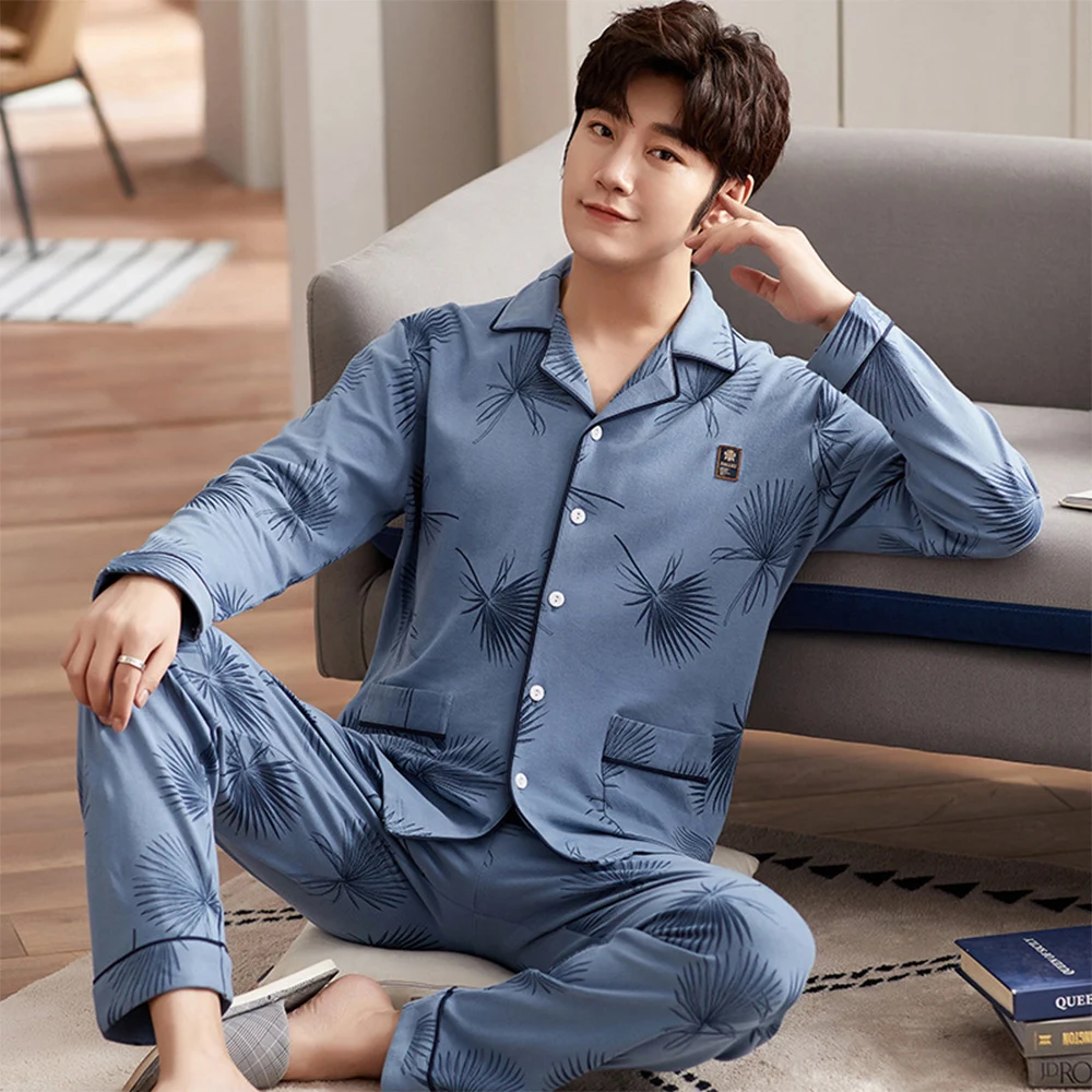 

100% Cotton Plaid Pajamas Set Fashion Lapel Sleepwear Suit Casual Cardigan WIth Pockets Male Pijama Homewear Clothing Plus Size