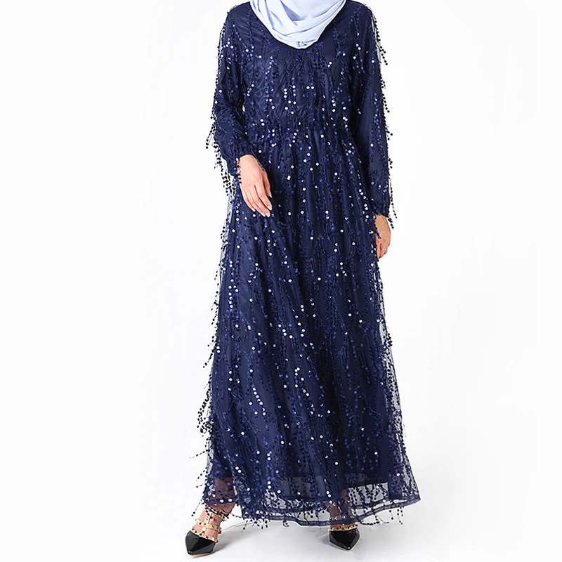 Dark blue dress Блесток абайя турецкие платья мусульманский хиджаб платье одежда из Дубая для женщин Восточный халат из марокена Кафтан Исламская одежда Tesettur Elbise - Цвет: Dark blue dress