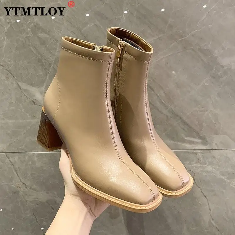 

Woman Shoes Leather Boot Women Calf Booties 5 Cm Med Heels Square Toe Autumn Winter England Style Sock Zipper Square Heel