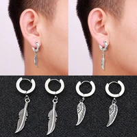 silver retro hollow wings ear buckle pendant earrings man asymmetrical earring gifts for women feather earring trends 2021 style