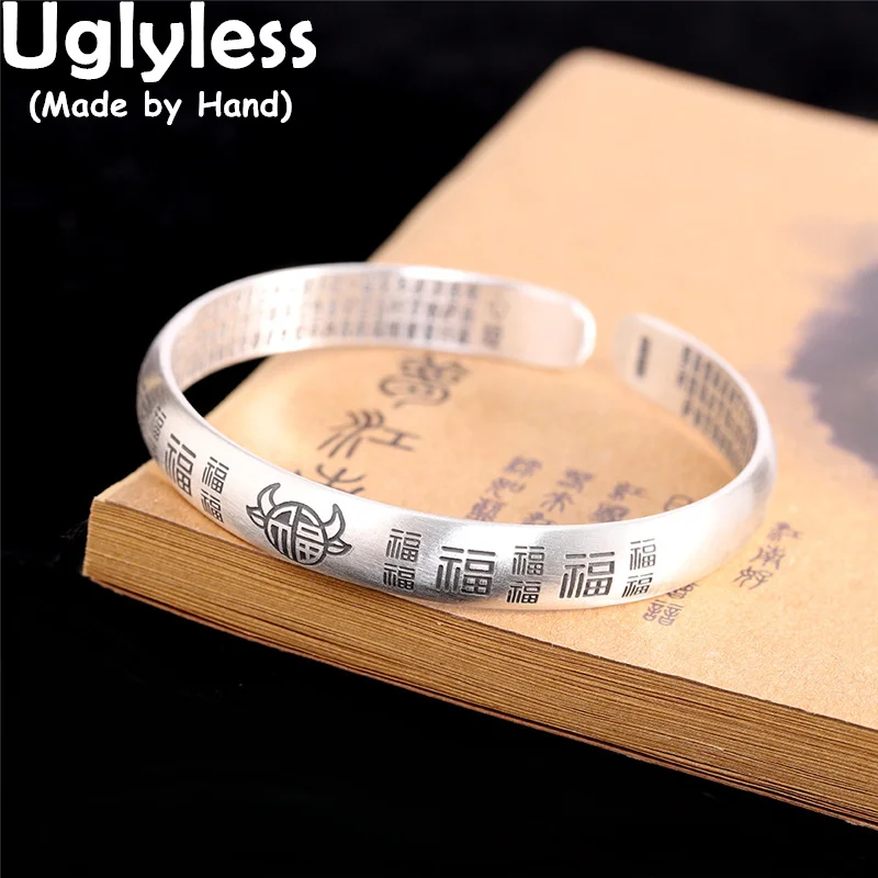 

Uglyless Chinese FU Bull Head Bangles for Women Real 999 Full Silver Buddhism Heart Sutra Jewelry Religious Gifts for Buddhists