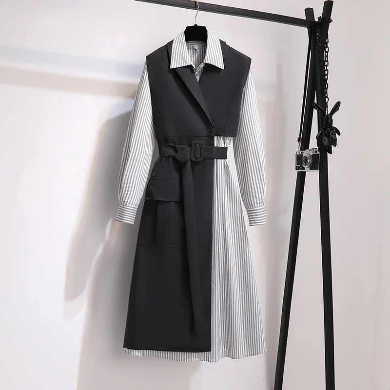 

Женский костюм-двойка с жилетом и длинными рукавами, повседневный комплект из двух предметов, белая рубашка и юбка, большие размеры, Осень-з...