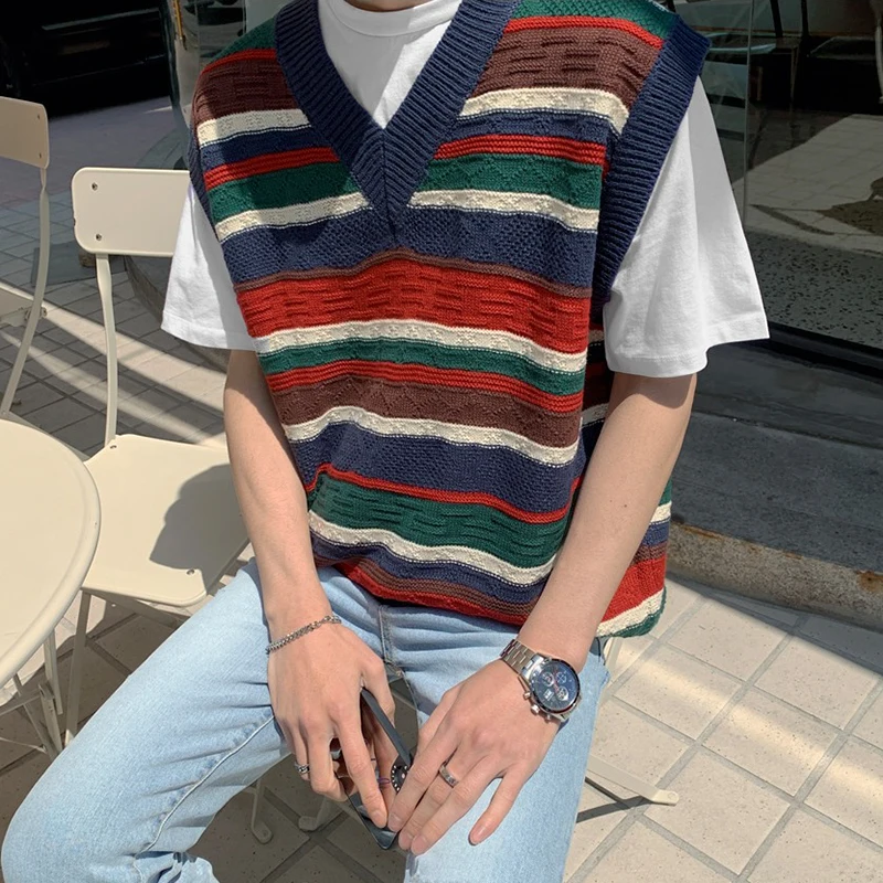

Summer V-neck vest striped loose casual waistcoat couple wear men and women sweater Korean knitted vest