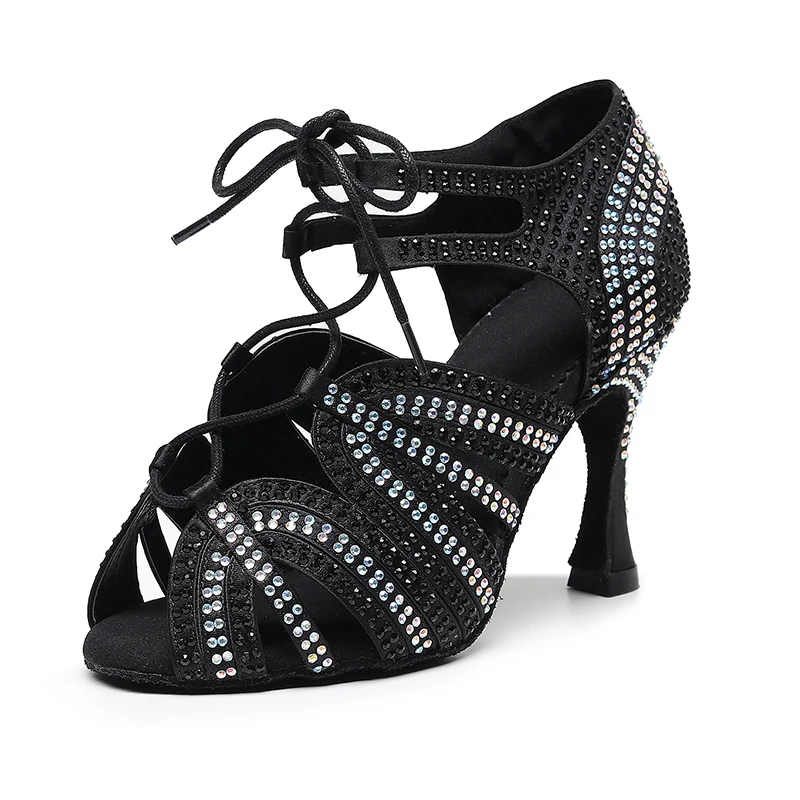

Women Rhinestone Latin Dance Shoes Black Brown Lace Up Ballroom Salsa Shoes For Dancing Girls High Heel Latino Shoes For Woman