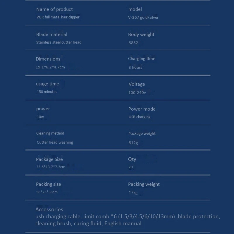 

VGR Electric Hair Clipper Professional Barber Set Rechargeable Hair Trimmer Hair Cutting Shaving Machine Beard Trimmer