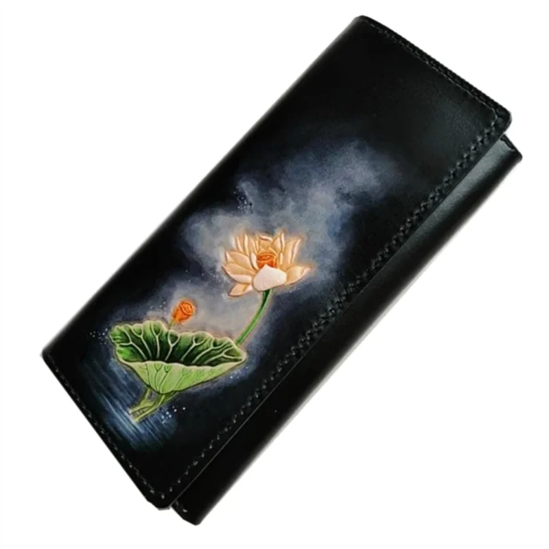 

Handmade carving Lotus Women Wallets Card Holder PursesLady Long Clutch Vegetable Tanned Leather