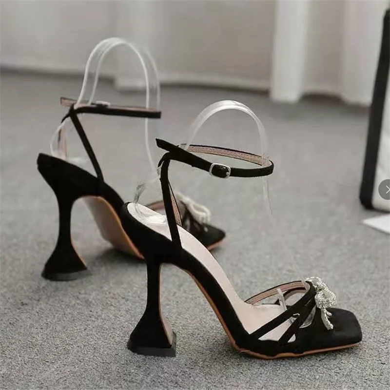 

Women's Sandals 2021 Ankle Strap Sexy Square Toe Butterfly-knot Crystal Design Transparent Heel Shoes Stiletto Wedding Shoes