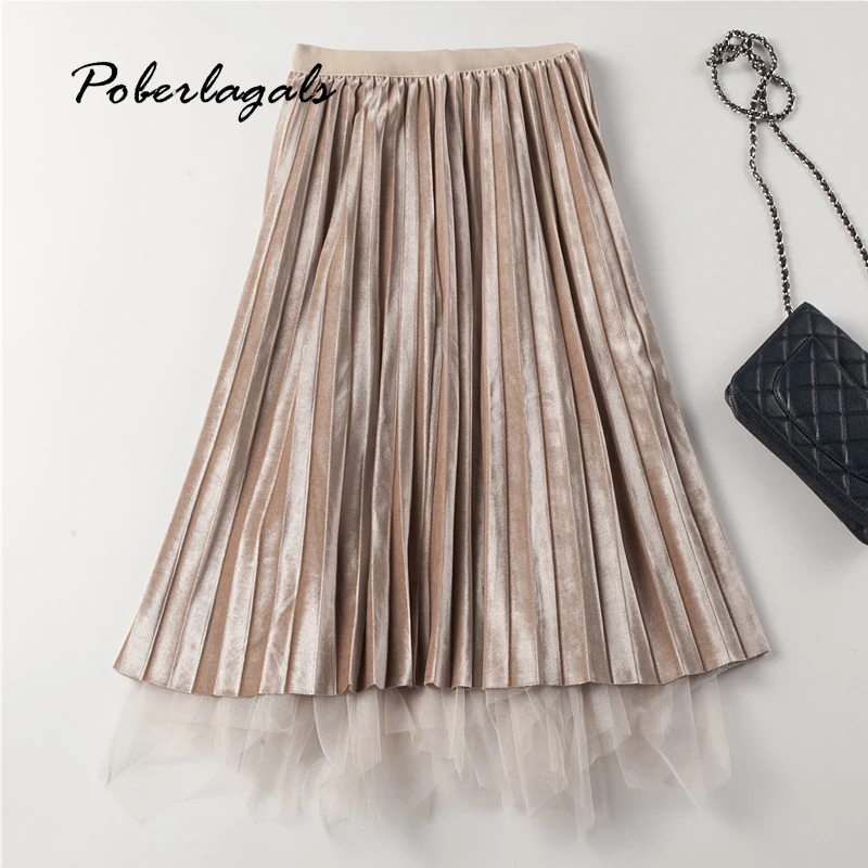 Женская плиссированная юбка с высокой талией бархатная двойным верхом из Джерси