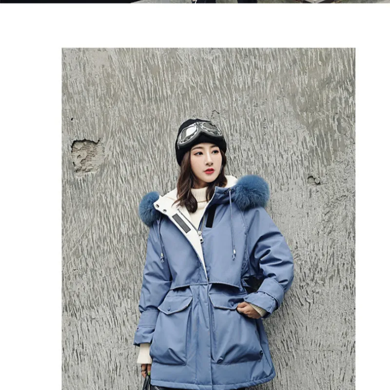 

SWYIVY Large Natural Fox Fur Collar Hooded Winter Jacket Women 90% White Duck Down Thick Parkas Warm Sash Tie Up Snow Coat