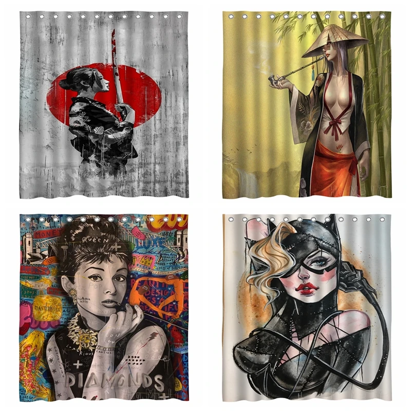 

Japanese Geisha Sword Soldier Pipe Girl Cat Woman Female Art Series By Ho Me Lili Shower Curtain Bathroom Decor