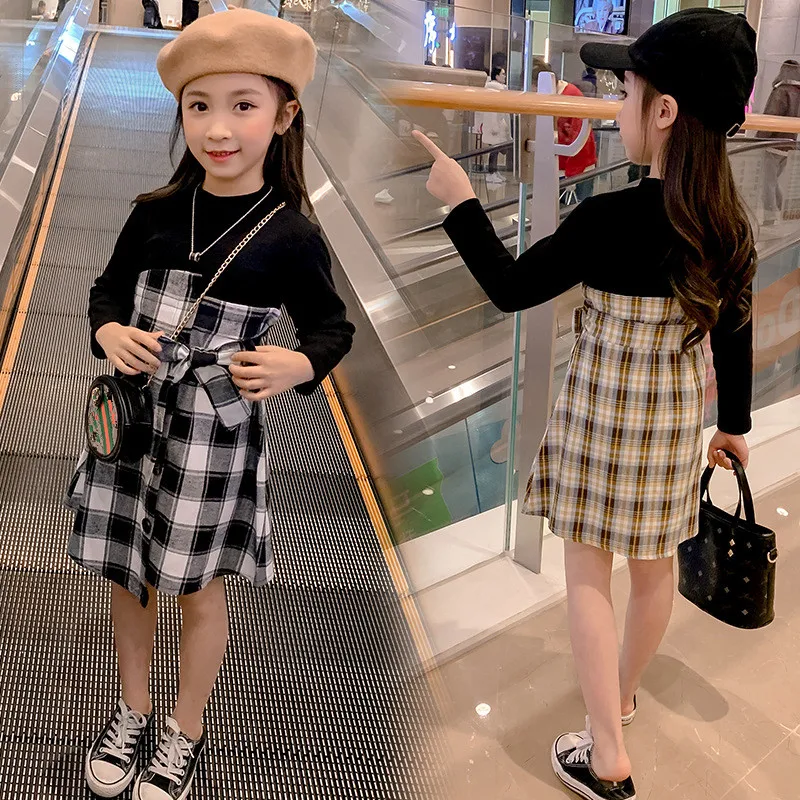 

Детское платье в Корейском стиле, весенне-осенняя одежда для девочек, юбка с длинным рукавом, одежда для девочек-подростков, лоскутные белые...