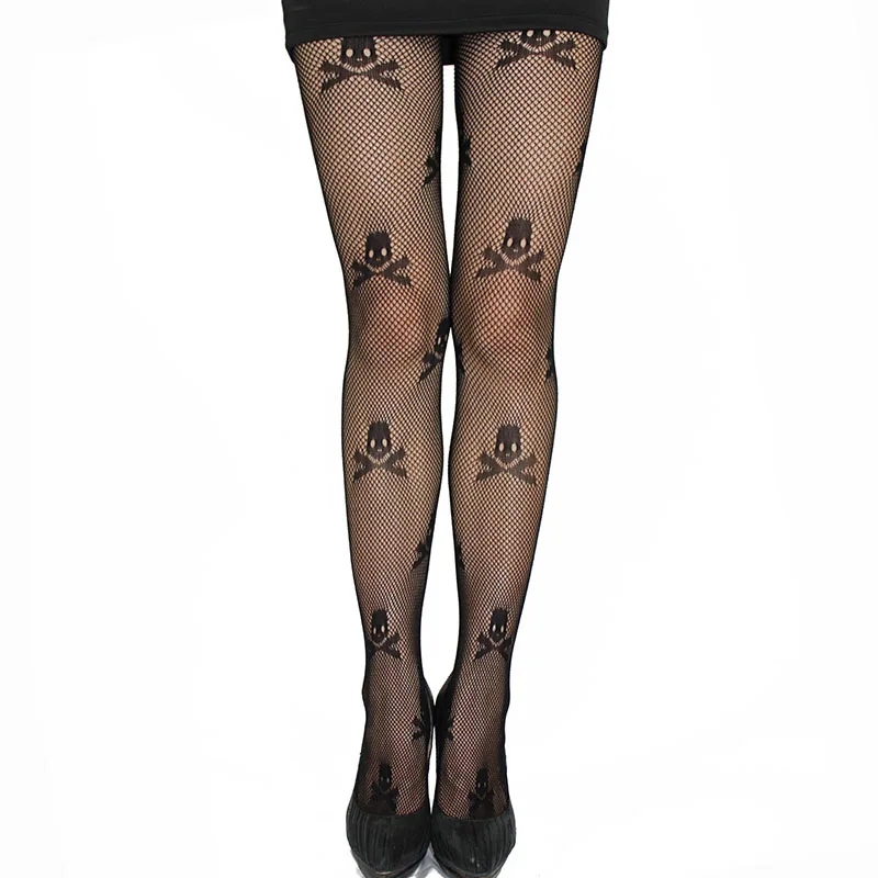 

1 Pcs Sexy Stay Up Thigh High Tights Fishnet Mesh Skull Print Punk Stretch Pantyhose For Women Accessories