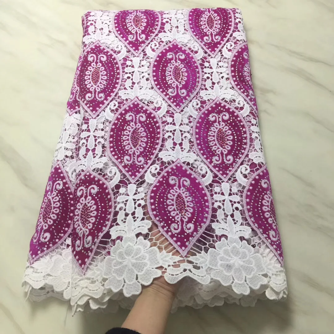 High Quality Guipure Lace Fabric Fushia Color African Cord Lace Wholesale Price Tulle lace fabric With Stones For Party PL29651