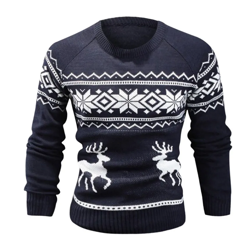 Mens Causal O Neck Sweater Deer Printed Autumn Winter Christmas Pullover Knitted Jumper Sweaters Slim Fit Male Clothes