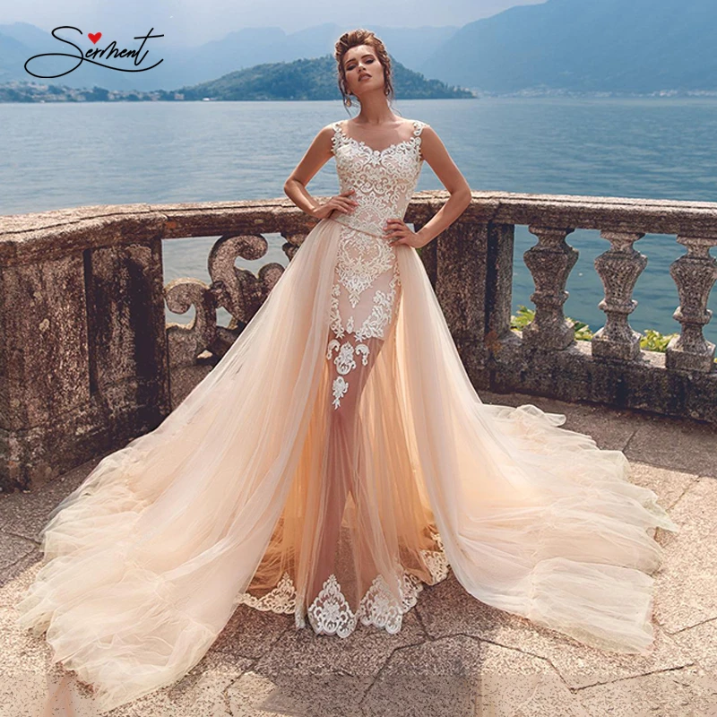 

BAZIIINGAAA свадебное платье без рукавов с круглым вырезом со съемным хвостом свадебное платье с кружевной аппликацией в виде русалки для невест...