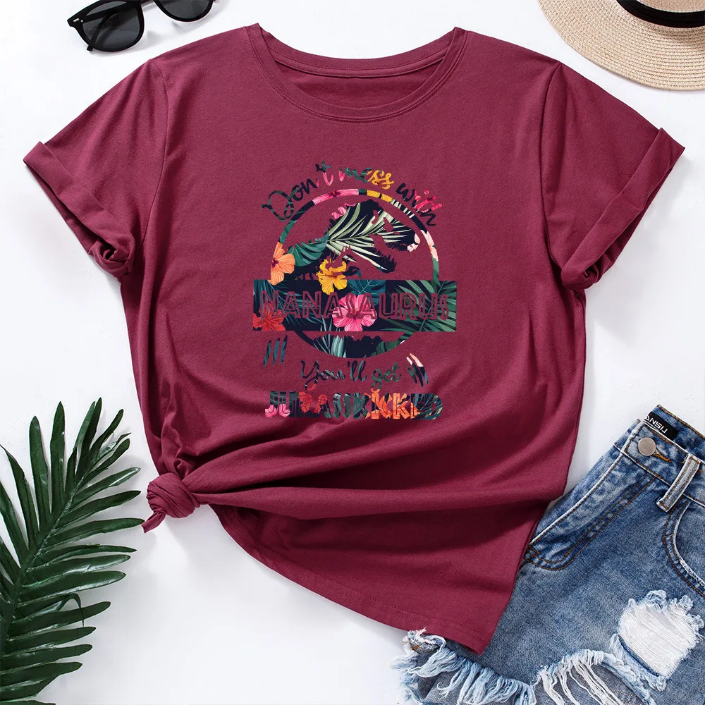 

100%Cotton women Letter Print Tee Tops Cartoon Funny Dinosaur Graphic Female T-shirt Casual O Neck Short Sleeve Oversize Tops