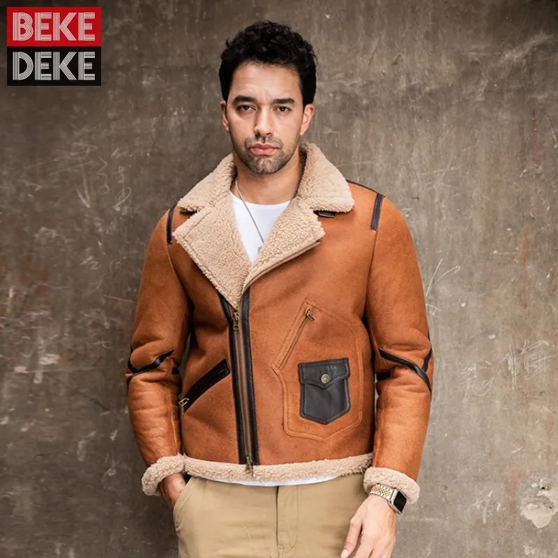 Мужская зимняя куртка-пилот из натуральной кожи с шерстяной подкладкой