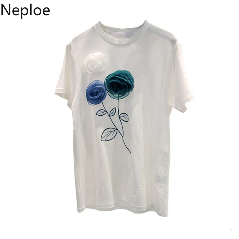 Neploe трехмерные цветочные женские футболки 2019 новые с круглым вырезом и коротким