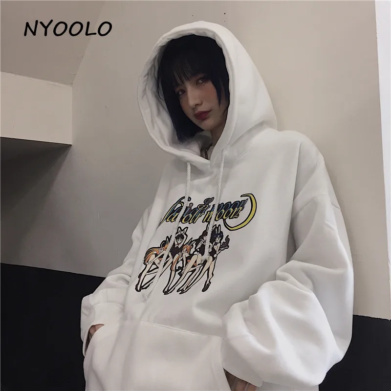 NYOOLO Harajuku мультфильм Сейлор Мун с буквенным принтом свободные теплые толстовки зимние уличные пуловеры с капюшоном флисовая Толстовка для женщин и мужчин