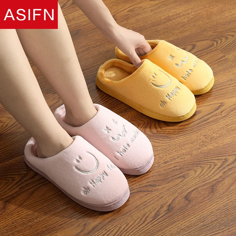 

ASIFN Winter Home Cute Simle Women Fur Slippers Warm Flock Plush Bedroom Ladies Flat Shoes Slides Couples House Furry Slippers